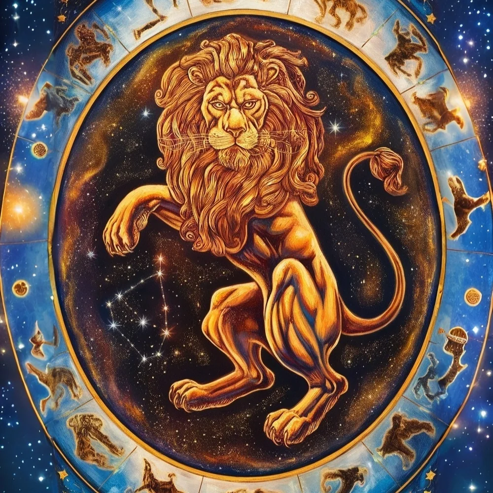Majestic Lion Zodiac Wall Art - Blue and Gold In A Glass Front Frame 8x10